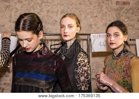 MILAN ITALY - FEBRUARY 25: Gorgeous models pose in the backstage just before Cividini show during Milan Women's Fashion Week on FEBRUARY 25 2017 in Milan.