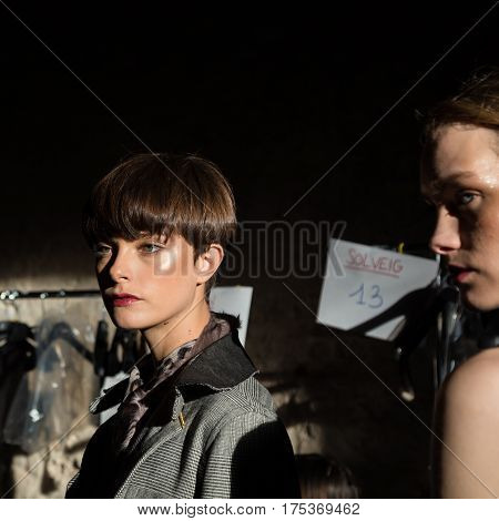 MILAN ITALY - FEBRUARY 25: Gorgeous models pose in the backstage just before Cividini show during Milan Women's Fashion Week on FEBRUARY 25 2017 in Milan.