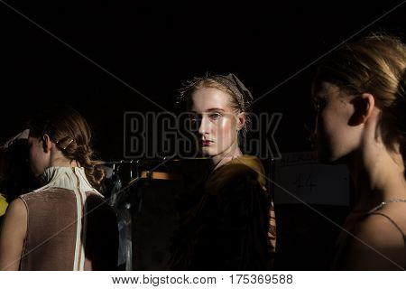 MILAN ITALY - FEBRUARY 25: Gorgeous models pose in the backstage just before Cividini show during Milan Women's Fashion Week on FEBRUARY 25 2017 in Milan.