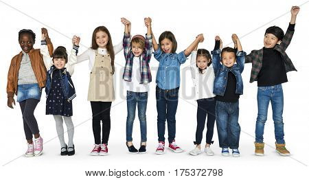 Group of Kids Holding Hands Face Expression Happiness Smiling on White Blackground