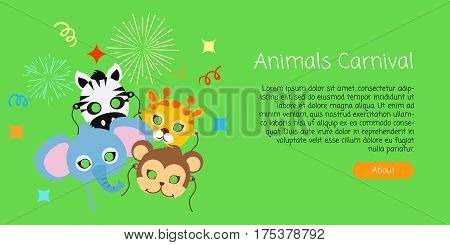 Animal Carnival funny childish masquerade masks with firework. Elephant with zebra, monkey near giraffe vector illustration. Masque for festival and children holiday. Dress code for kids in flat style