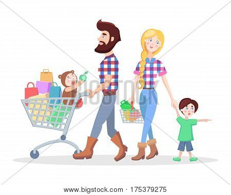 Family shopping concept isolated on white. Young hipster man and woman make purchases with kids cartoon vector illustration. Father and mother buying daily products on sale with little children