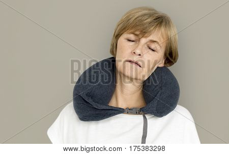 Senior Adult Woman Neck Pilow Comfortable Sleeping Concept