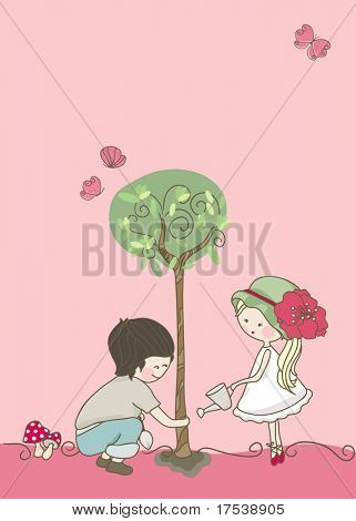 niño y niña plantar el árbol