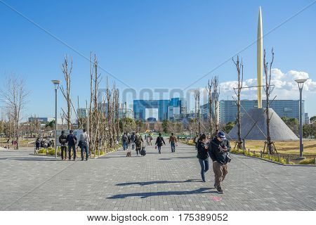 Tokyo, Japan - 17 February 2017: Many people walking on the road near the Zapp diver city building in Odaiba Tokyo