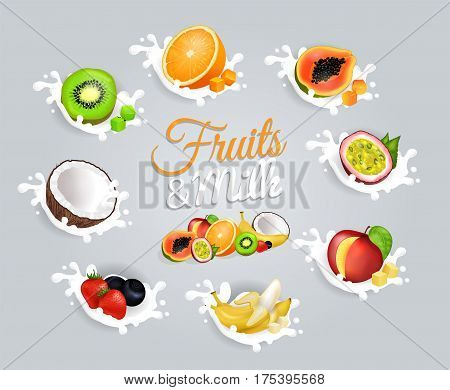 Fruits and milk colourful inscription in the center on grey background. Vector illustration in flat design of green kiwi, tasty orange, deicious coconut, sweet banana, strawberries and blueberries