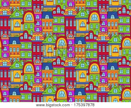 Cute old town view doodle archtecture colorful european seamless vector pattern