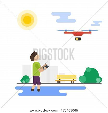 Vector flat illustration of boy playing with flying red drone in the park with trees and bench. Future technology entertainment in modern life