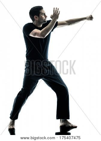 one caucasian man krav maga fighters fighting isolated silhouette on white background