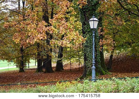 Lamp and autumn trees in Maksimir park Zagreb Croatia