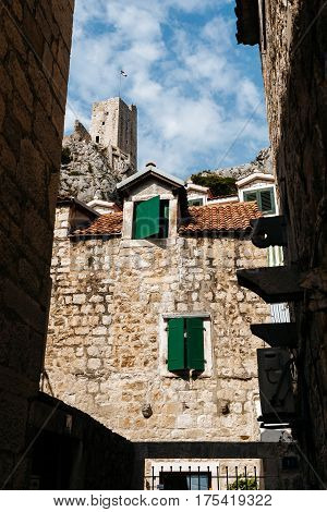 The old stone building and the Mirabella fort Peovica in the town of Omis, Croatia.