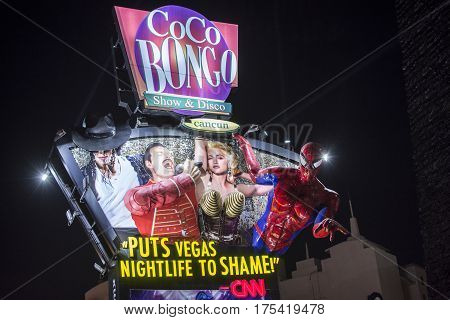 CANCUN MEXICO - MARCH 1 2017: The lively Coco Bongo billboard in Cancun's party zone convincingly promotes their high quality entertainment.