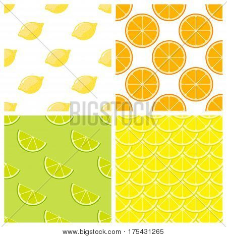 Citrus fruits bright vector seamless pattern. Set of color background with lemon and orange illustration