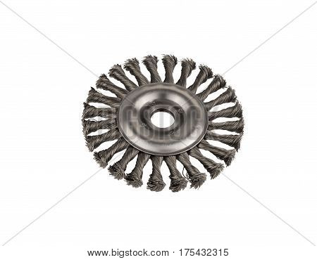circular wire brush on workbench close up