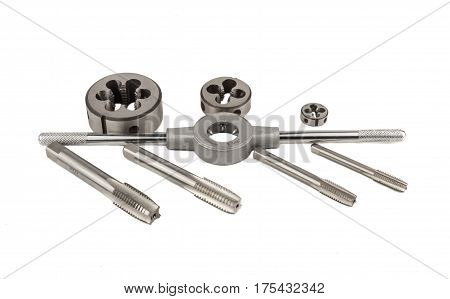 Mechanical hand tool set of screw tap and die cutting isolate on white background.