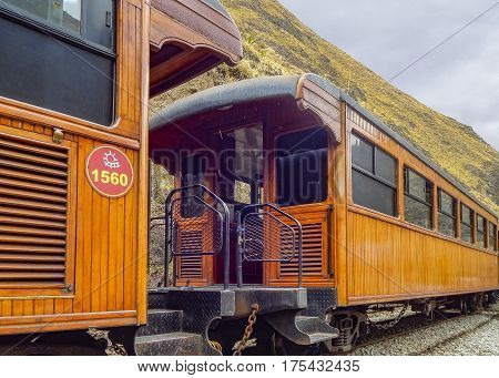 ALAUSI, ECUADOR, OCTOBER - 2015 - Low angle detail view of train which goes to the famous Nariz del Diablo rocky mountain located in Aluasi town Ecuador