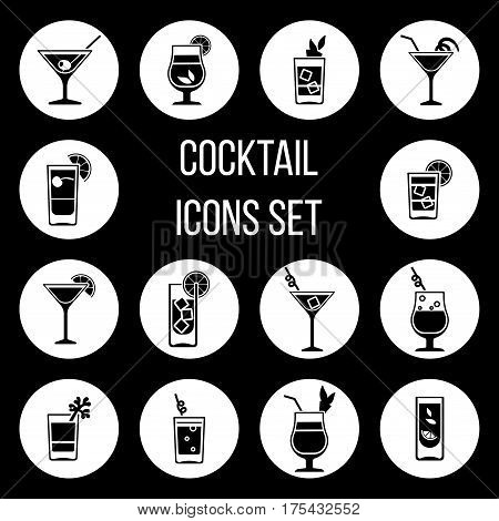 Cocktail vector icons set in black and white. Monochrome alcohol drink illustration