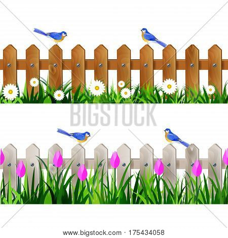 Green Grass and white wooden fance seamless isolated clip art vector on white with rose tulips and bluebirds set