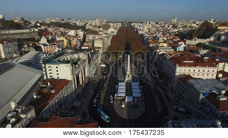 Aerial View of Praca dos Restauradores (Restauradores Square), Lisbon, Portugal