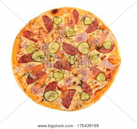 Mixed pizza from top on white background