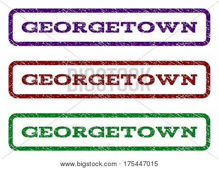 Georgetown watermark stamp. Text tag inside rounded rectangle frame with grunge design style. Vector variants are indigo blue, red, green ink colors. Rubber seal stamp with scratched texture.
