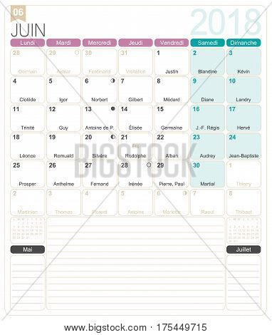 June 2018, French printable monthly calendar template, including name days, lunar phases and official holidays.