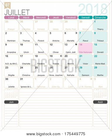 July 2018, French printable monthly calendar template, including name days, lunar phases and official holidays.
