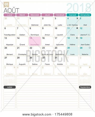 August 2018, French printable monthly calendar template, including name days, lunar phases and official holidays.