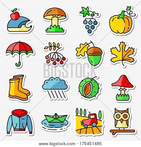 Fall season icons stickers set (thin and simply line style). Web pictograms with autumn and crop objects as mushrooms rainy cloud paper boat in a pool field landscape with tractor leaves rowan berries grape chestnut acorn gumboots owl and hedgehog pumpkin