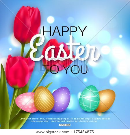 Happy Easter background with red tulips eggs