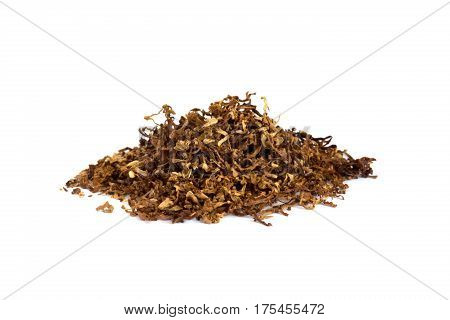 Heap of dry soft Pipe Tobacco on white Background
