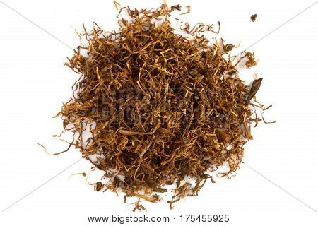 Heap of dry soft Pipe Tobacco top view on white Background