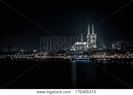 Cologne Cathedral shot from the Zoobrücke on a clear moonless winter night.