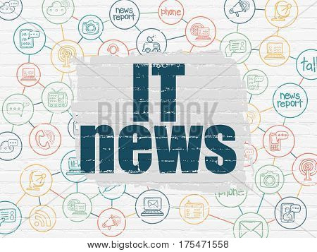 News concept: Painted blue text IT News on White Brick wall background with Scheme Of Hand Drawn News Icons