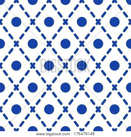 Geometric blue and white minimalistic vector pattern. Circles and dashed rhombuses background.