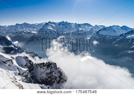 Panoramic Aerial View To Luzern Lake From High Peak