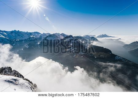 Panoramic Aerial View To Luzern Lake From High Peak