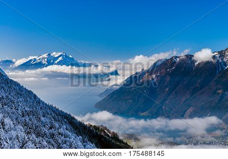 Panoramic Aerial View To Luzern Lake From High Peak