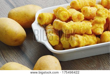 Frozen Cylindrical potato croquettes or German name is Kroketten