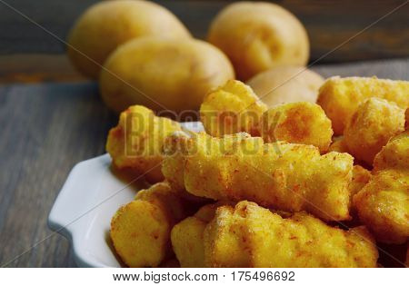 Frozen Cylindrical potato croquettes or German name is Kroketten
