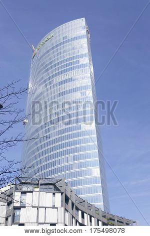 Exterior View Of The Iberdrola Tower On A Sunny Day.