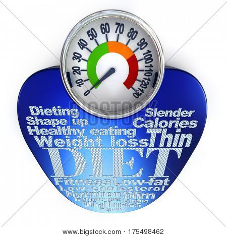 Weight scale with dieting concepts written in non-skid tape 3D rendering
