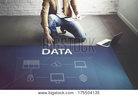 Student working on a laptop network graphic overlay on the floor