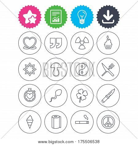 Download, light bulb and report signs. Universal icons. Quotes, ribbon heart and cake. Clover, mushroom and ice cream. Smoking, knife and fork. Best quality star symbol. Flat buttons. Vector