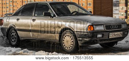 Kazakhstan, Ust-Kamenogorsk, 24 february, 2017:Audi 80 B3, old dirty car, iced