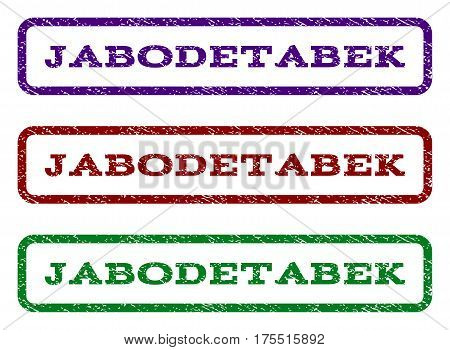 Jabodetabek watermark stamp. Text tag inside rounded rectangle frame with grunge design style. Vector variants are indigo blue, red, green ink colors. Rubber seal stamp with dust texture.