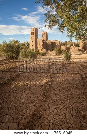 Departed Kasbah  Morocco. The ruins of one of Morocco's fortress-palaces, Kasbah or ksar, situated in the arid Atlas Mountains near Ait Benhaddou. 