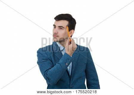 Young businessman man thinking with a pencil pointed to his head. Idea concept isolated on white background.