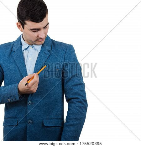Businessman pointing a pencil to his pocket imaginative drawing. Personal development concept isolated on white background.