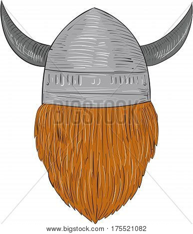 Drawing sketch style illustration of a norseman viking warrior raider barbarian head wearing horned helmet viewed from the rear set on isolated white background.